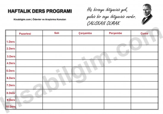 Atatürk'lü haftalık ders programı çizelgesi