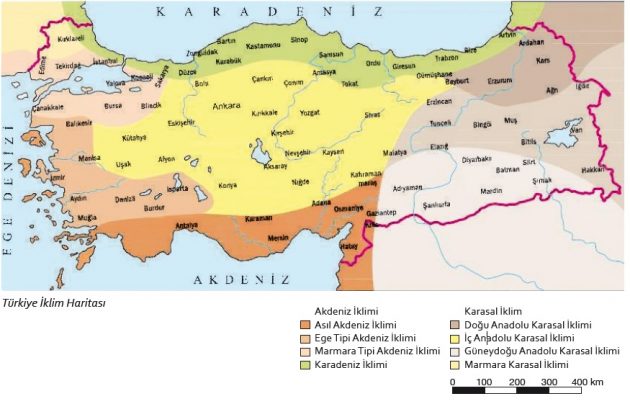 Türkiye'de iklimleri gösteren harita